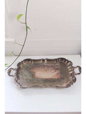 Vintage Silver-Plated Serving Tray With Handles & Scalloped Edges - Ornate Engra
